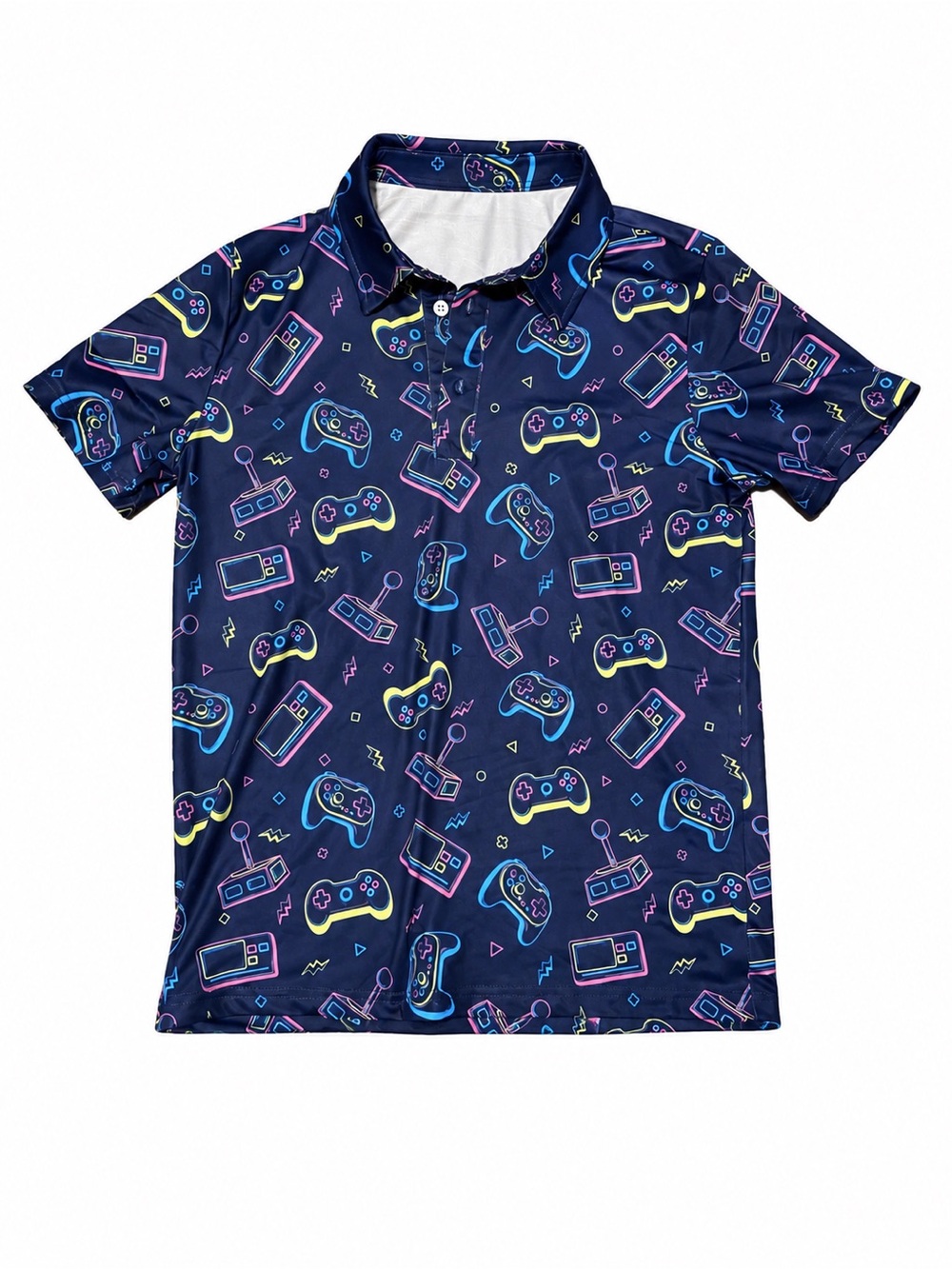 Amazon Navy Polo Shirt with Neon Game Controller Print